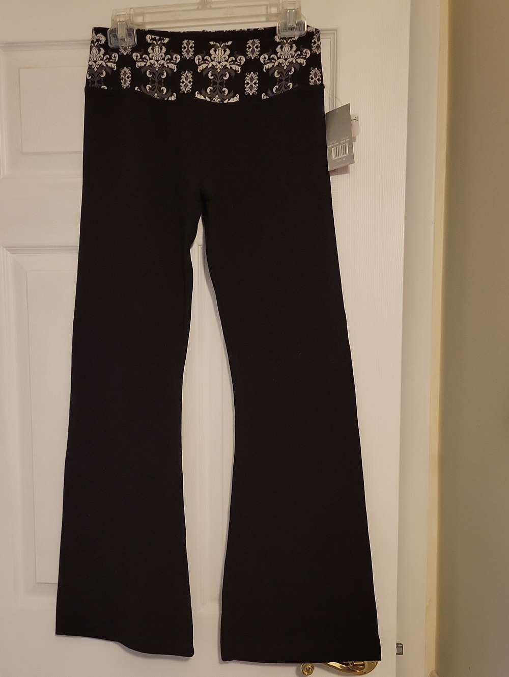 Marika Black Boot-Cut Yoga Pants with Patterned Waistband